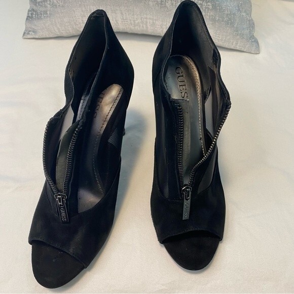 Guess Black Zipper Unique Sheer Net Suede Peep Toe Stiletto Heel Boot Shoe SZ9.5 - Picture 7 of 16